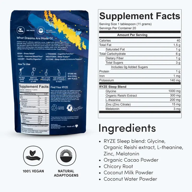 RYZE Mushroom Hot Cocoa with Melatonin – Sleep Support, 20 Servings
