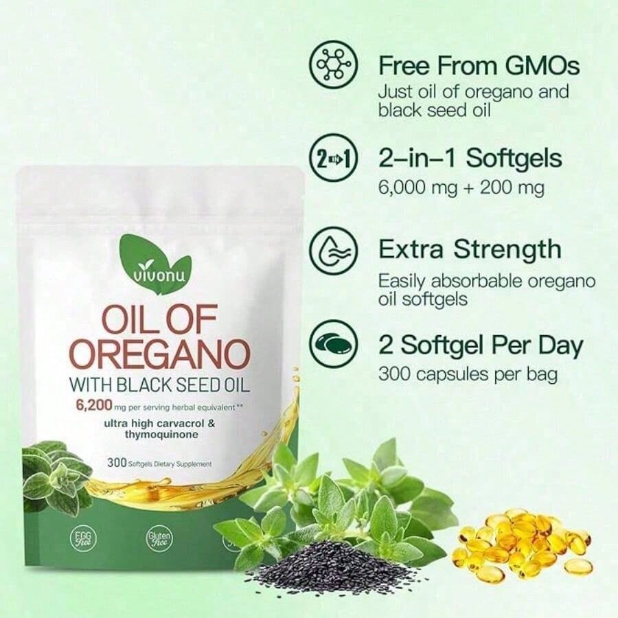 VivoNu Oregano Oil & Black Seed Oil Capsules – Non-GMO, Organic