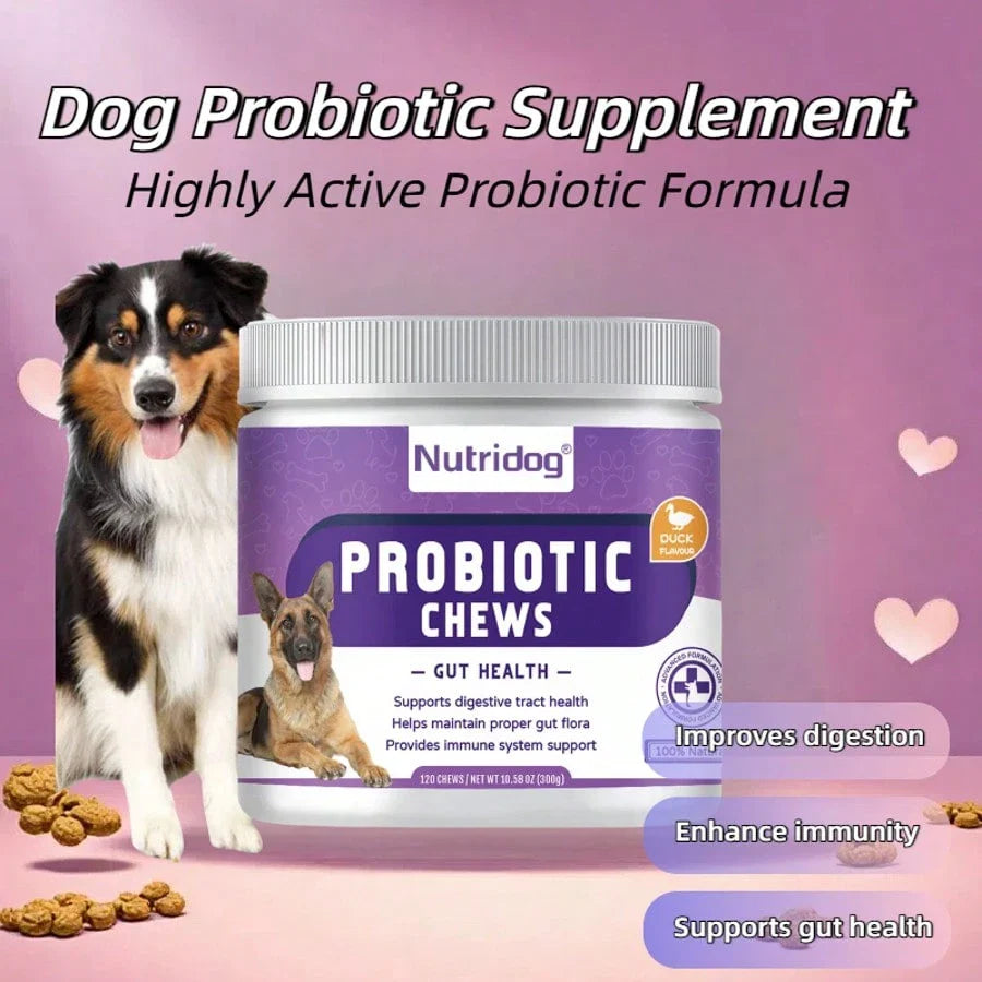 Probiotics For Dogs Chews, Duck Flavor - Supports Gut Health, Digestive Balance & Seasonal Allergy Relief & Itchy Skin Relief - Prebiotic & Probiotic Soft Chews(120 Count) (Duck)