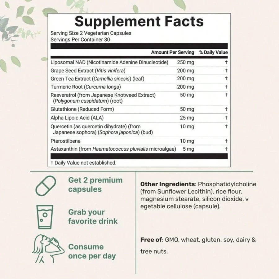 Micro Ingredient Liposomal NAD+ Ultimate 1,000mg, 60 Veggie Capsules For Women, For Men, Daily Heath Care