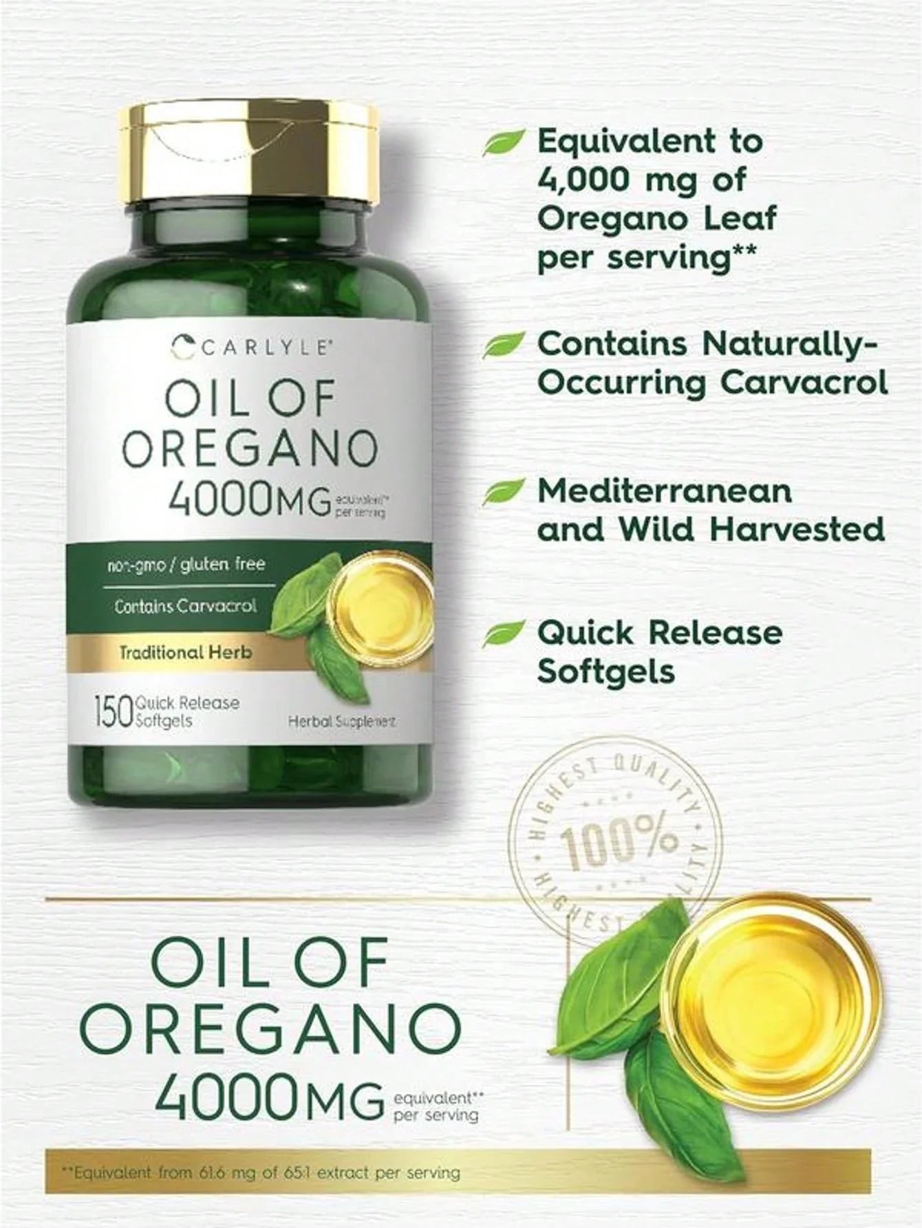 Carlyle Oregano Oil 4000mg Supplement | 150 Softgel Capsules | Contains Carvacrol | Non-GMO & Gluten Free Formula Healthy Care