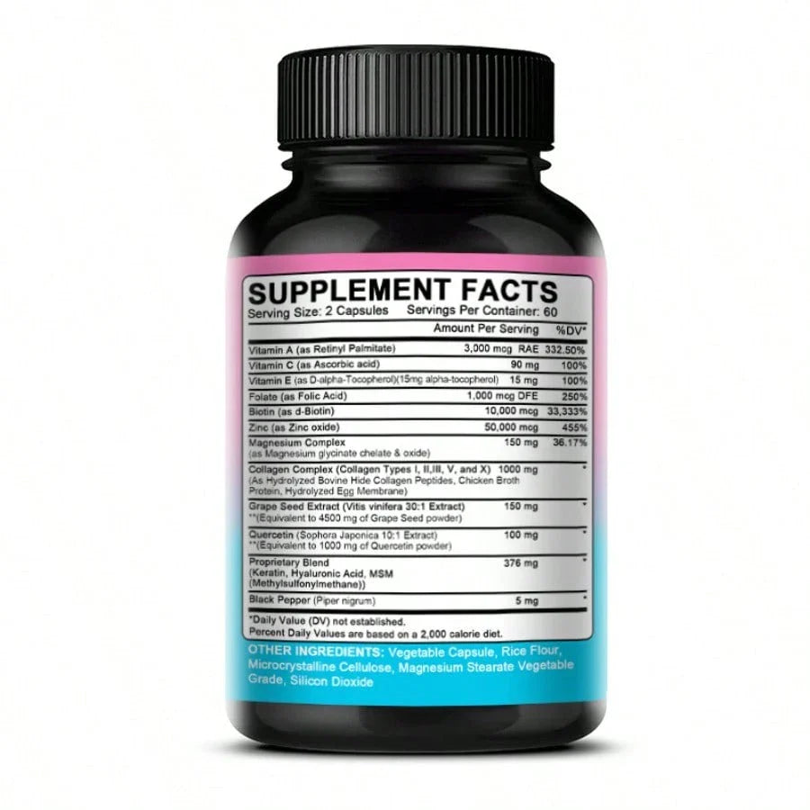 Collagen Supplement Types I/ III/ V & X - With Biotin & Keratin Hyaluronic Acid - Supports Skin, Nails & Hair - 120 Capsules