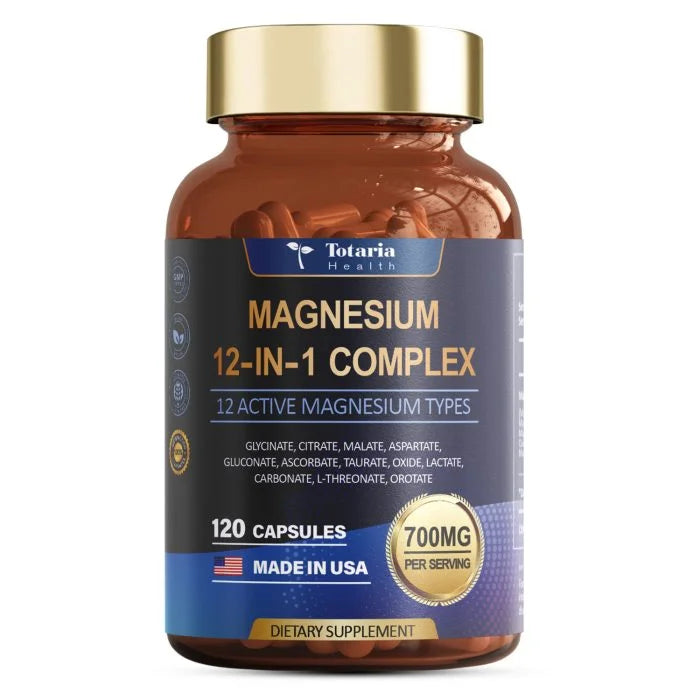 Supplement bottle labeled 'Magnesium 12-in-1 Complex' by Totaria Health on a white background.