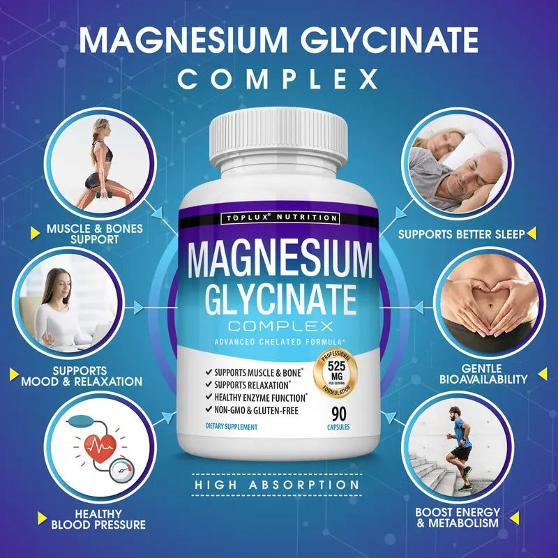 Toplux Magnesium Glycinate 525mg – High-Absorption, 60 Capsules
