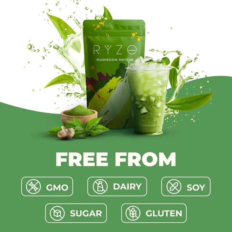 RYZE Mushroom Matcha – USDA Organic, 6 Adaptogenic Mushrooms, 30 Servings