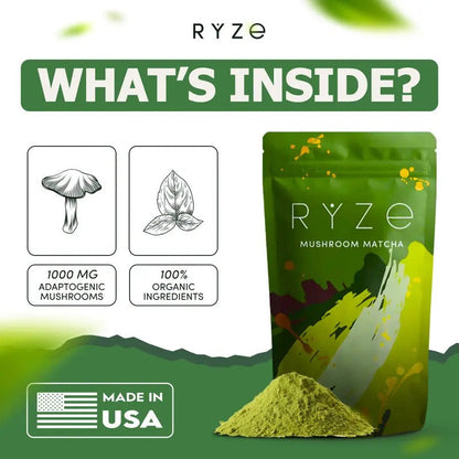 RYZE Mushroom Matcha – USDA Organic, 6 Adaptogenic Mushrooms, 30 Servings