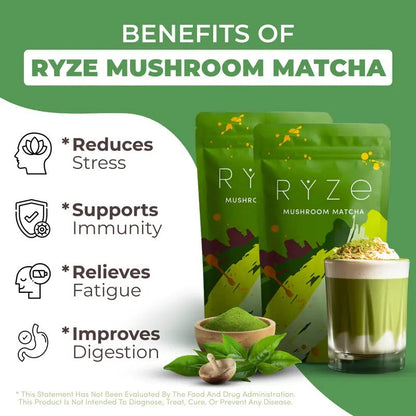RYZE Mushroom Matcha Starter Kit – USDA Organic, 60 Servings
