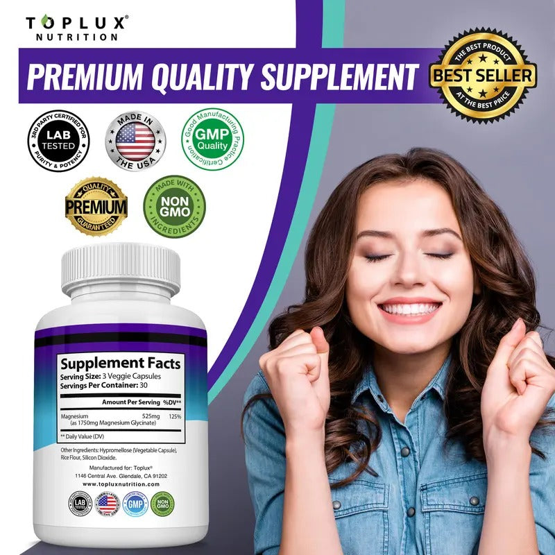 Toplux Magnesium Glycinate 525mg – High-Absorption, 60 Capsules