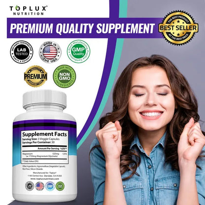 Toplux Magnesium Glycinate 525mg – High-Absorption, 60 Capsules