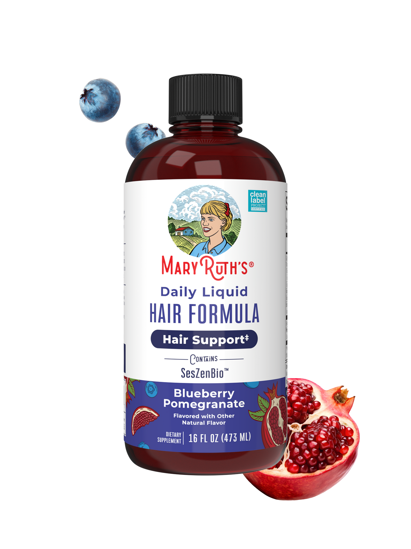 Mary Ruth's Daily Liquid Hair Formula bottle with blueberries and pomegranate on a white background