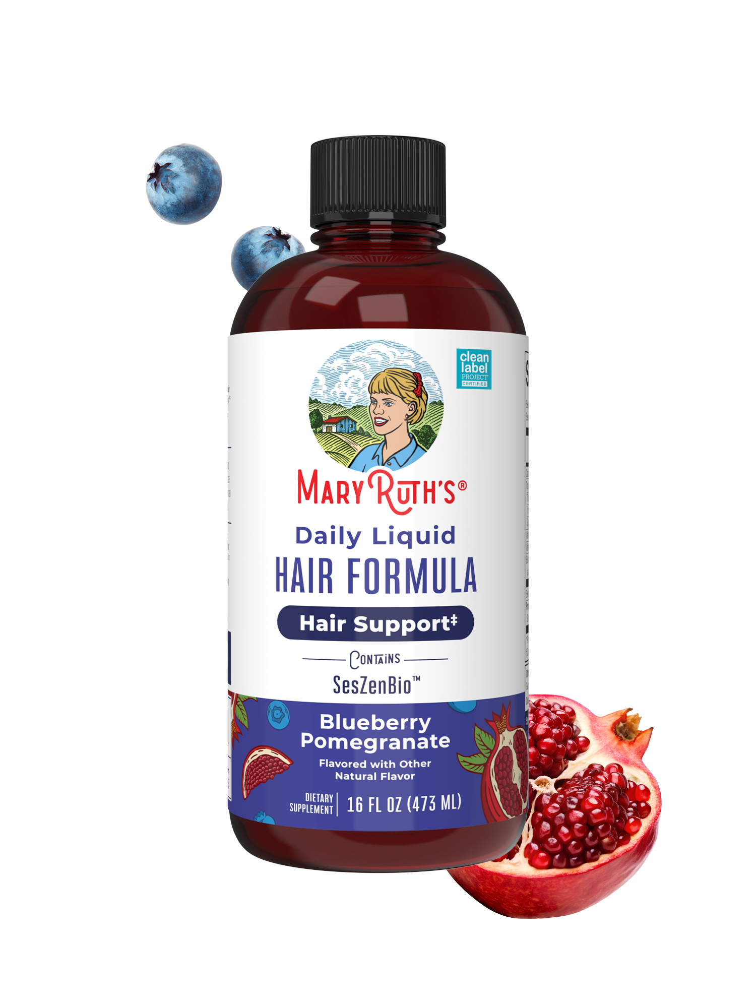 Mary Ruth's Daily Liquid Hair Formula bottle with blueberries and pomegranate on a white background