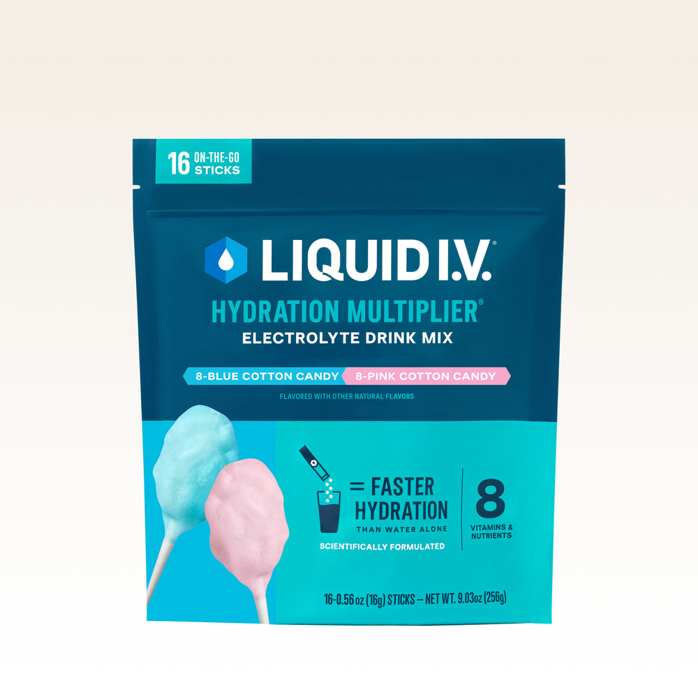 LIQUID I.V. Hydration Multiplier Electrolyte Drink Mix package with cotton candy illustration on a light beige background