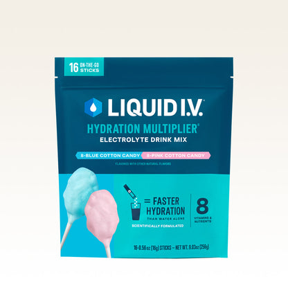 LIQUID I.V. Hydration Multiplier Electrolyte Drink Mix package with cotton candy illustration on a light beige background