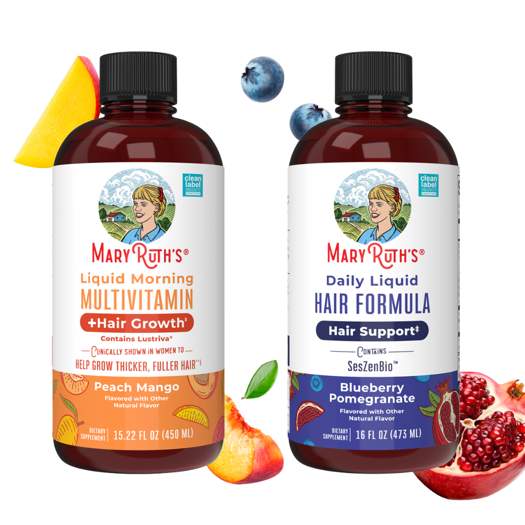 Two bottles of Mary Ruth's liquid supplements with fruit graphics on a white background