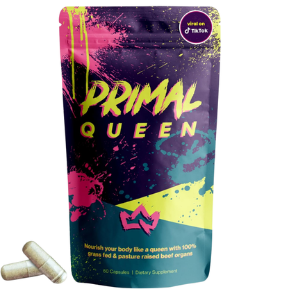 Primal Queen supplement package with colorful design and capsules on a white background