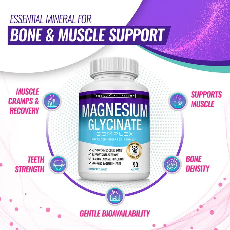 Toplux Magnesium Glycinate 525mg – High-Absorption, 60 Capsules