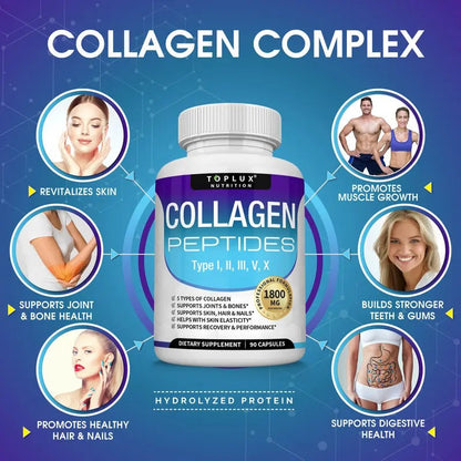 Toplux Collagen Peptides 1800mg – 5-Type Complex, 90 Capsules