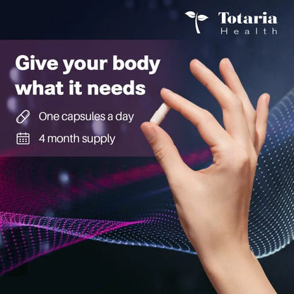 Hand holding a capsule with promotional text for Totaria Health on a dark background