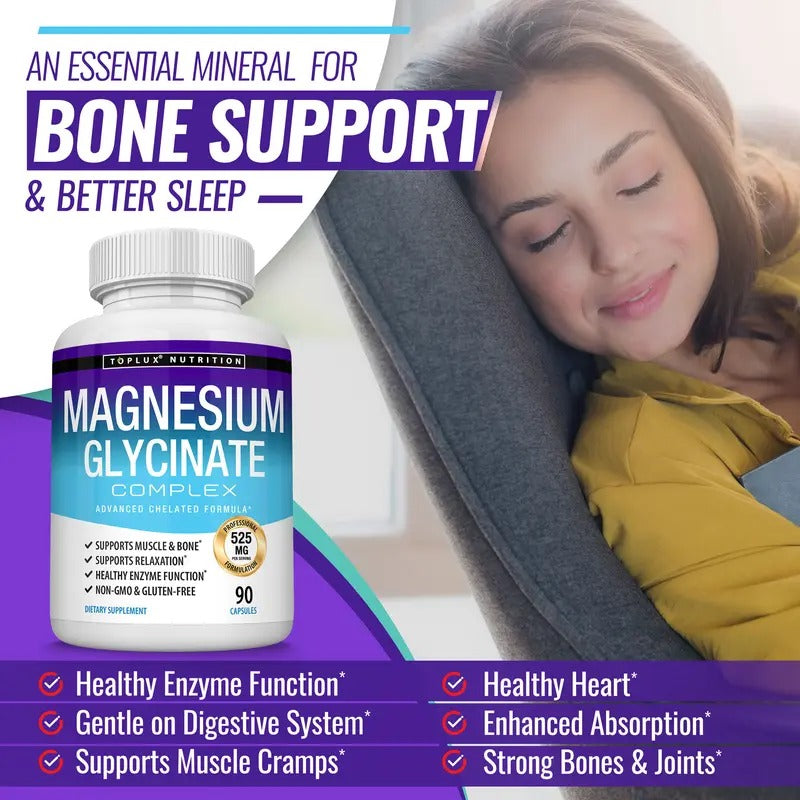 Toplux Magnesium Glycinate 525mg – High-Absorption, 60 Capsules