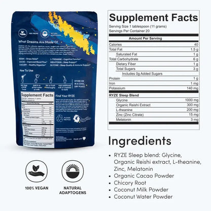 RYZE Mushroom Hot Cocoa with Melatonin – Sleep Support, 20 Servings