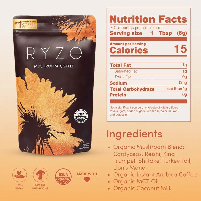RYZE Mushroom Coffee Starter Kit 3-Pack – USDA Organic Medium Roast Instant Coffee with 6 Adaptogenic Mushrooms & MCT Oil – Energy, Focus & Gut Health – 90 Servings