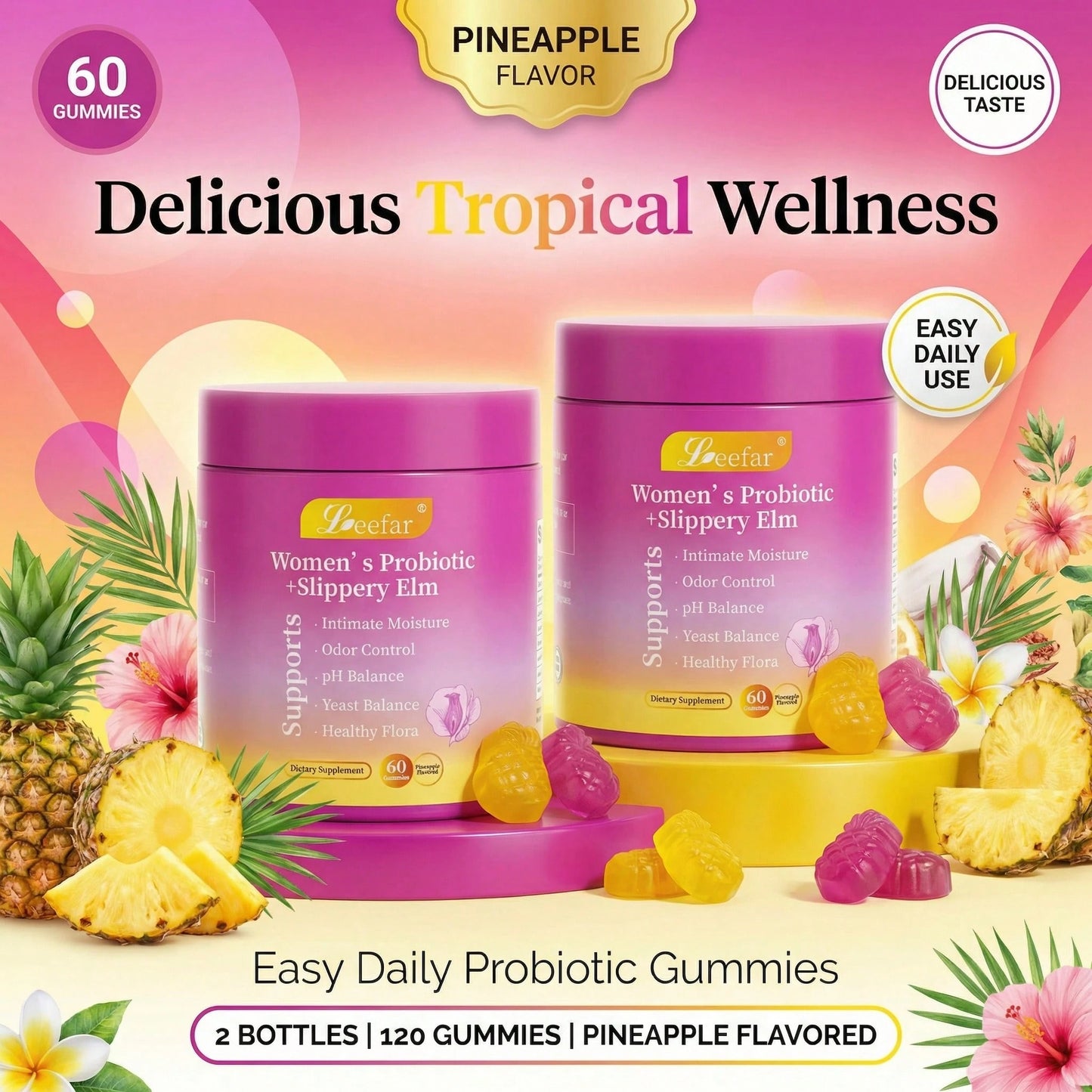 LEEFAR Women's Probiotic Gummies with Slippery Elm 60 Gummies