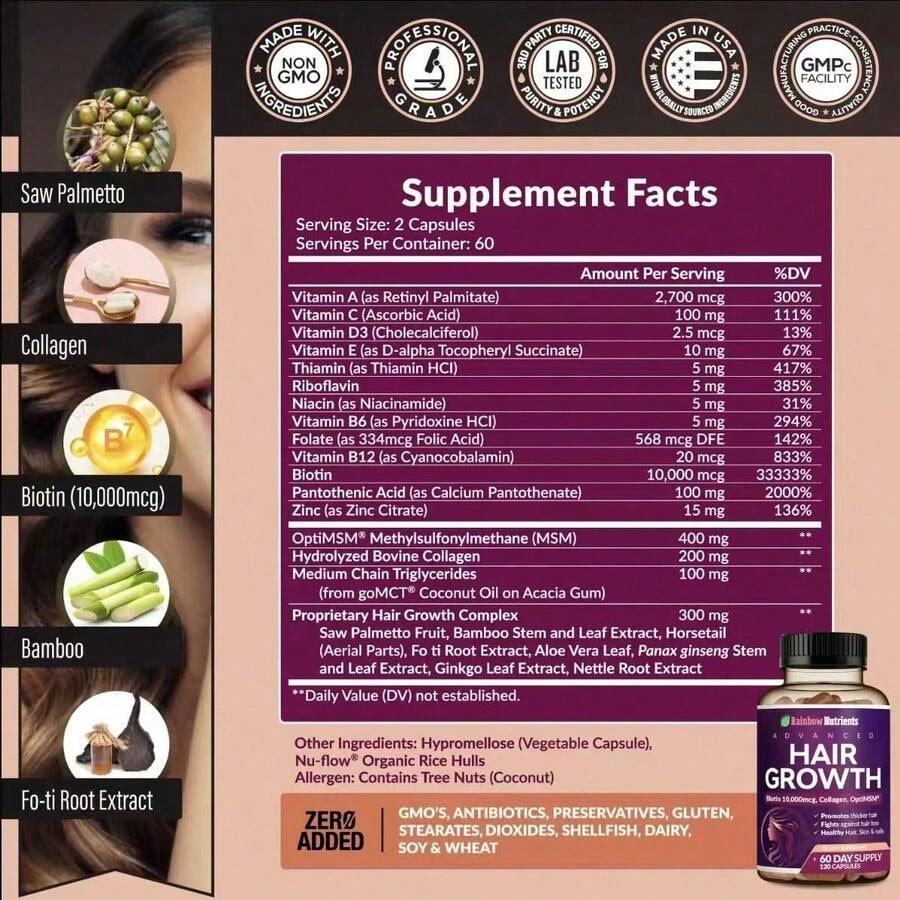 Miriyalyad 24-in-1 Hair Growth Vitamins – Biotin 10,000mcg, 60-Day Supply