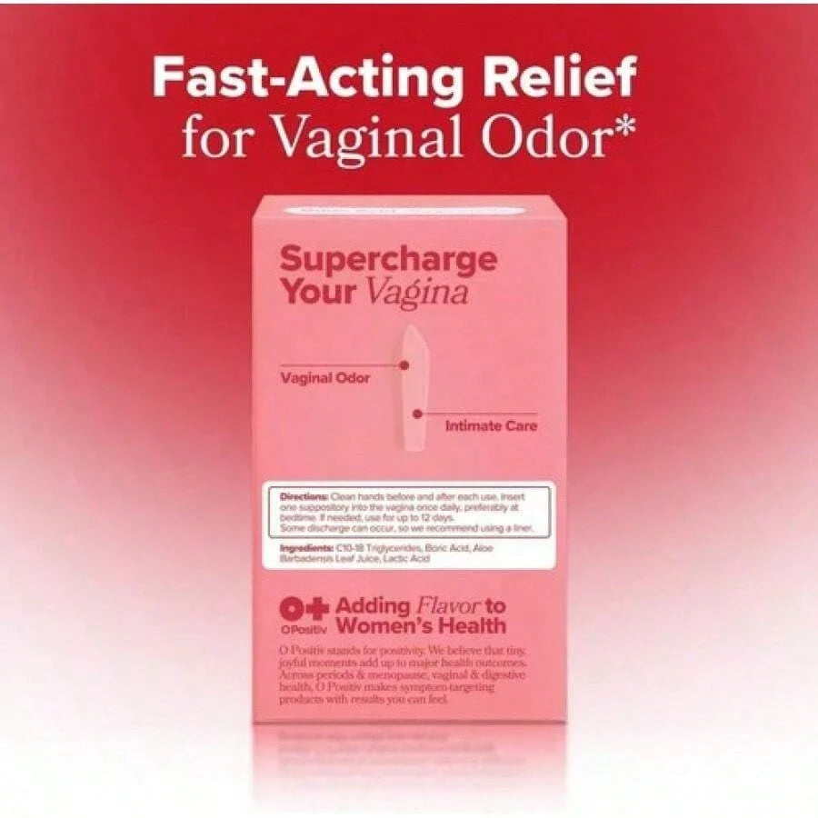O+ Boric Acid Vaginal Suppositories – pH Balance & Odor, 12 Count