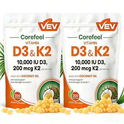 VEV Vitamin D3 + K2 10,000 IU – Bone & Immune Support, 300 Softgels