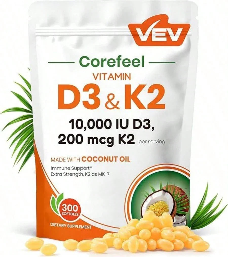 VEV Vitamin D3 + K2 10,000 IU – Bone & Immune Support, 300 Softgels