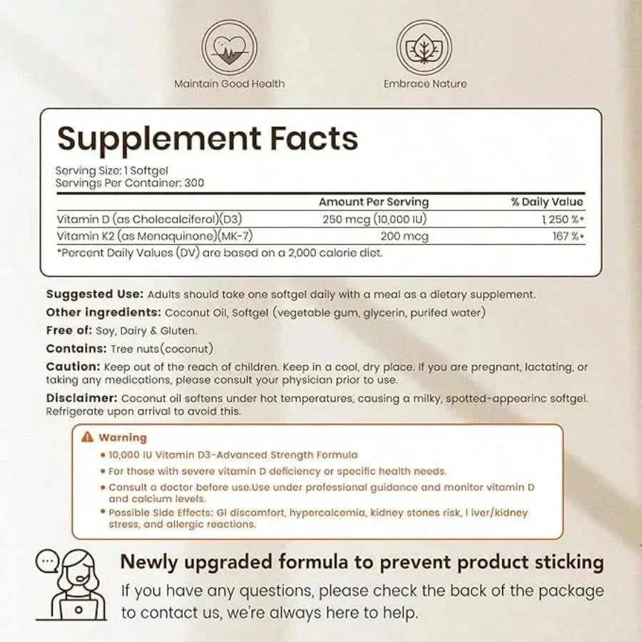 VEV Vitamin D3 + K2 10,000 IU – Bone & Immune Support, 300 Softgels