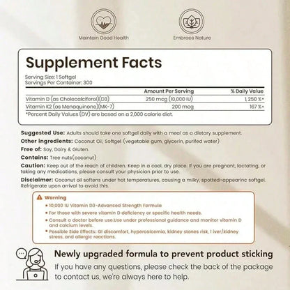 VEV Vitamin D3 + K2 10,000 IU – Bone & Immune Support, 300 Softgels