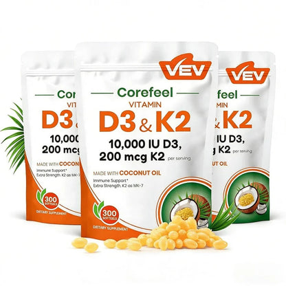 VEV Vitamin D3 + K2 10,000 IU – Bone & Immune Support, 300 Softgels