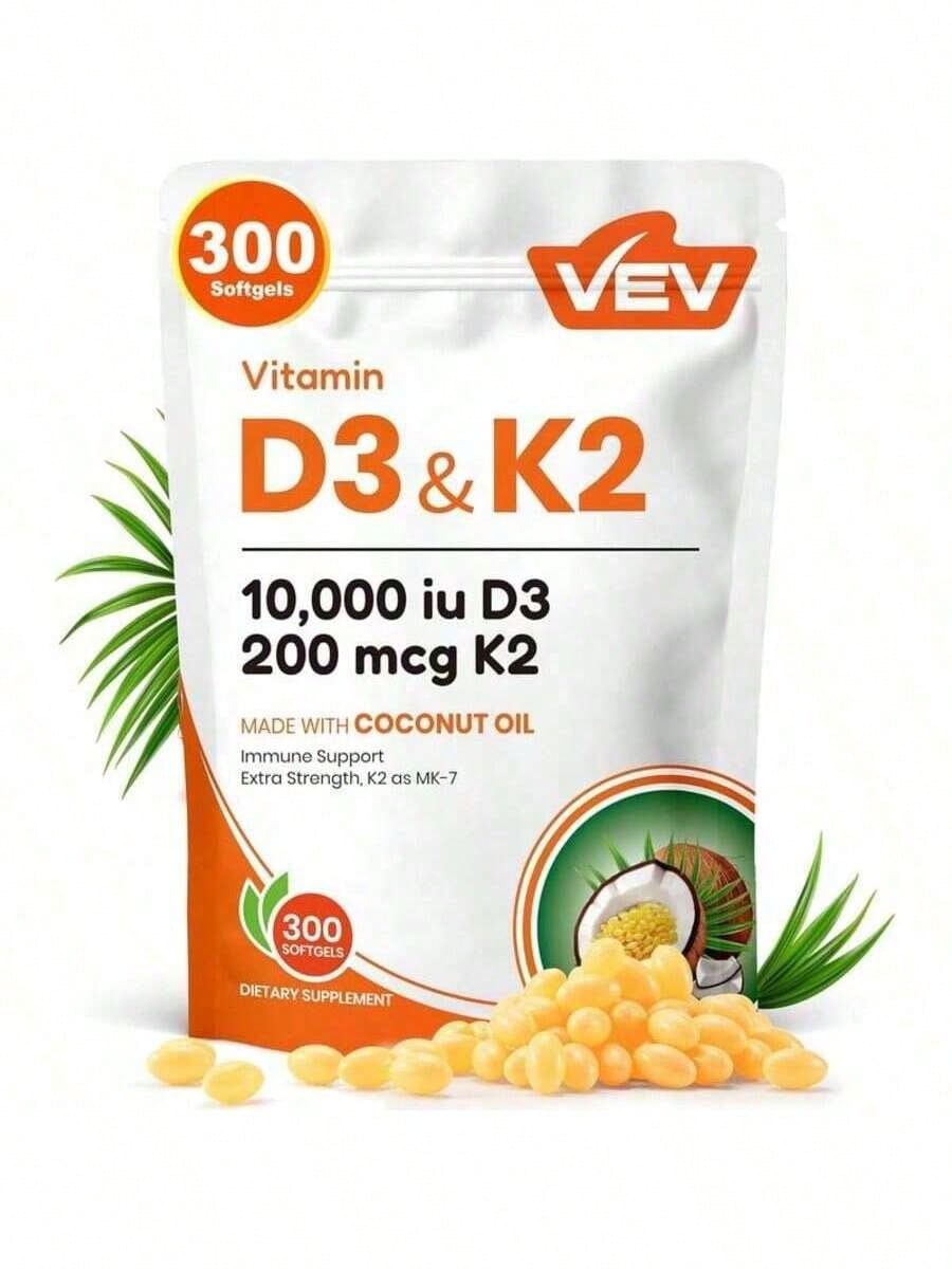 VEV Vitamin D3 + K2 10,000 IU – Bone & Immune Support, 300 Softgels
