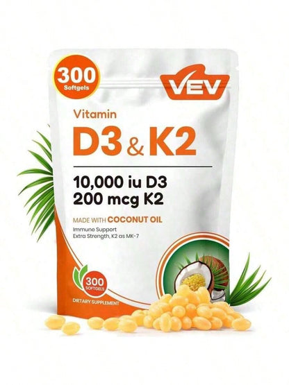 VEV Vitamin D3 + K2 10,000 IU – Bone & Immune Support, 300 Softgels
