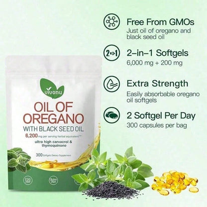 VivoNu Oregano Oil & Black Seed Oil Capsules – Non-GMO, Organic