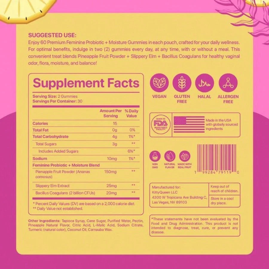 Slippery Kitty Feminine Probiotic + Moisture Gummies - All In One Solution With Slippery Elm 60 Count Pineapple Flavor