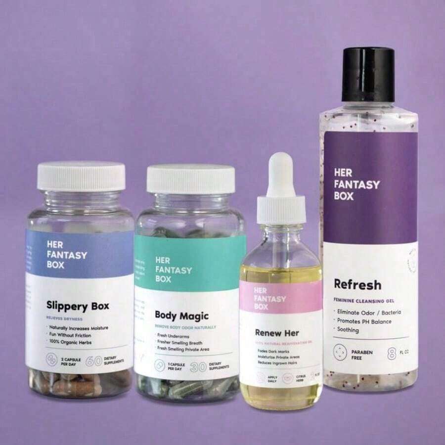 HERFANTASYBOX Ultimate Complete Feminine Care: 4 Products For Odor Control, PH Balance, Skin Rejuvenation & Vaginal Moisture – 30-60 Day Supply