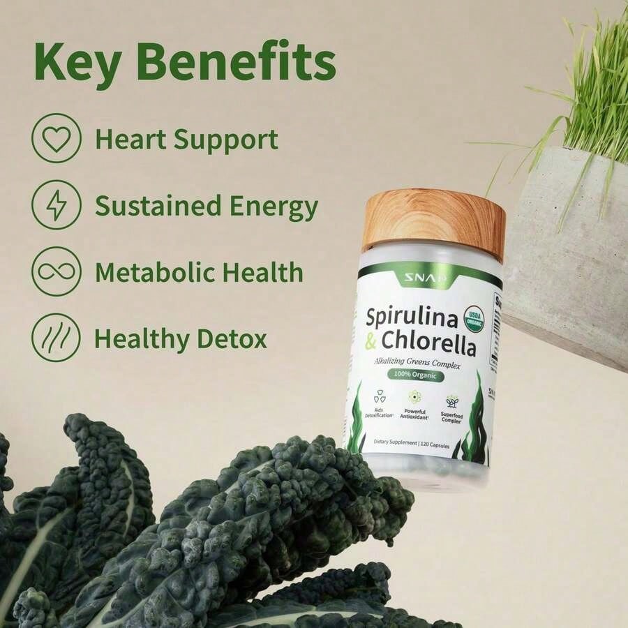 '- Spirulina + Chlorella - 30 Servings - Natural Supplement Capsules Healthcare Edible