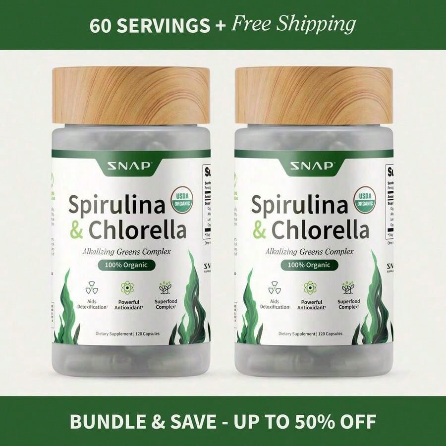 '- Spirulina + Chlorella - 30 Servings - Natural Supplement Capsules Healthcare Edible