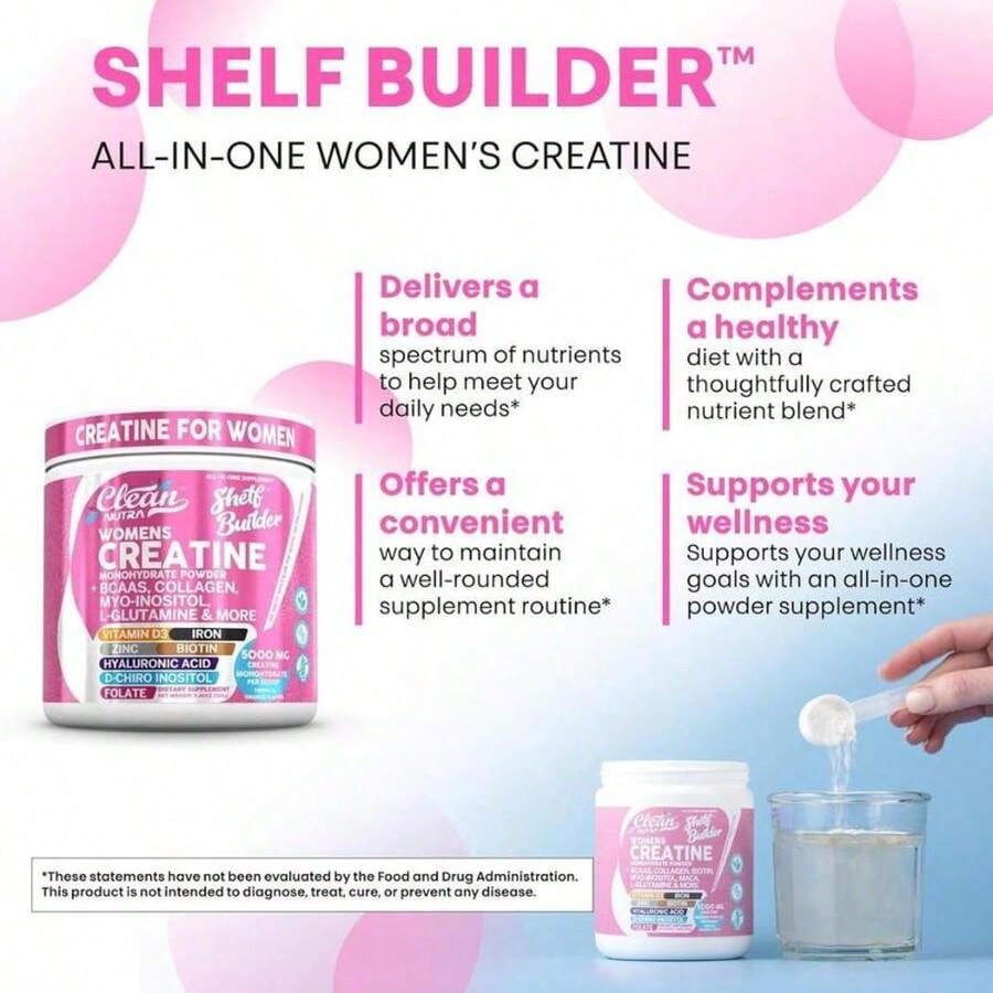 CleanNutra Women's Creatine Monohydrate Powder | 5000mg With BCAAs, Collagen, Myo-Inositol, L-Glutamine, D3, Iron, Zinc, Biotin, Hyaluronic Acid, Folate | Tropical Orange Flavor, 9.48oz