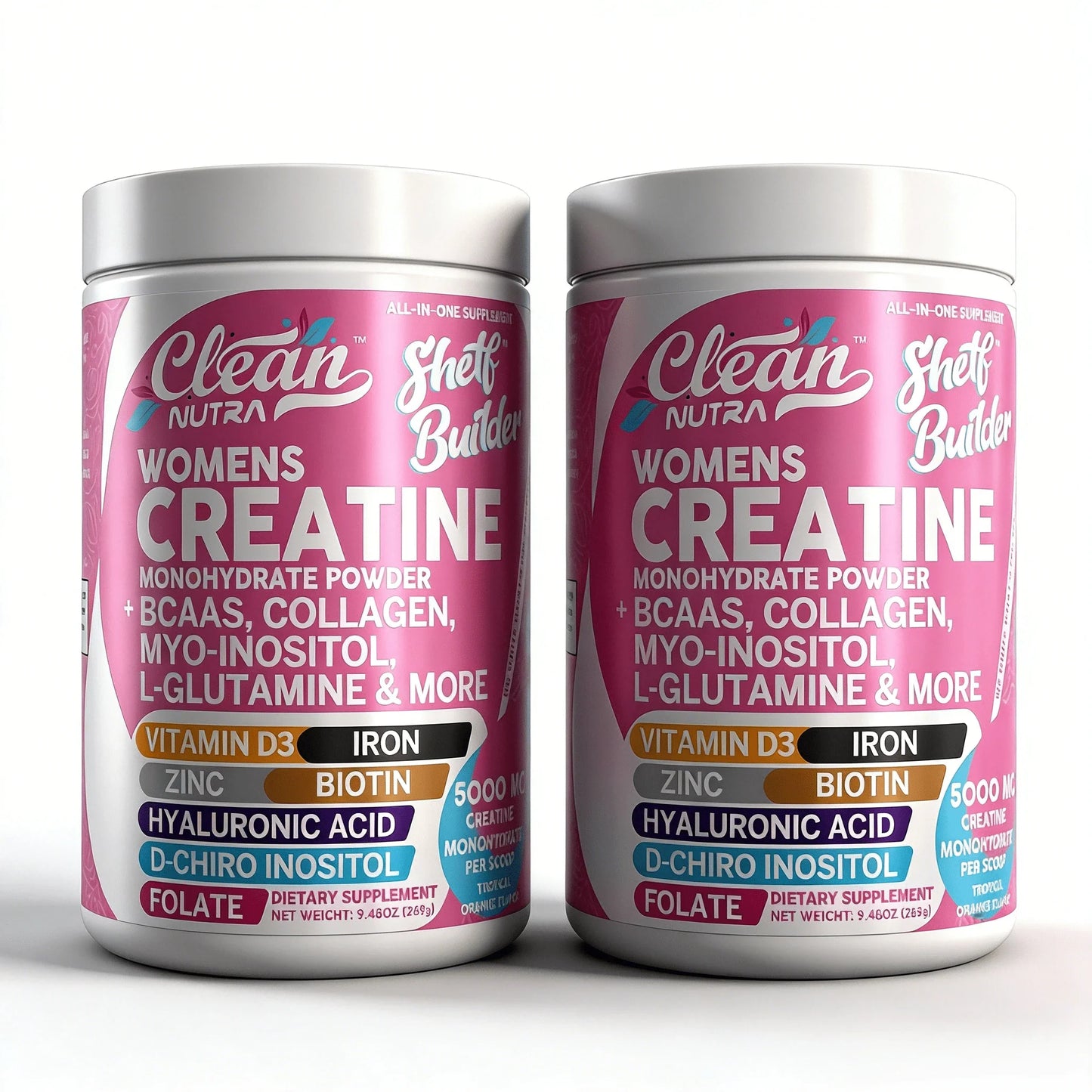 CleanNutra Women's Creatine Monohydrate Powder | 5000mg With BCAAs, Collagen, Myo-Inositol, L-Glutamine, D3, Iron, Zinc, Biotin, Hyaluronic Acid, Folate | Tropical Orange Flavor, 9.48oz