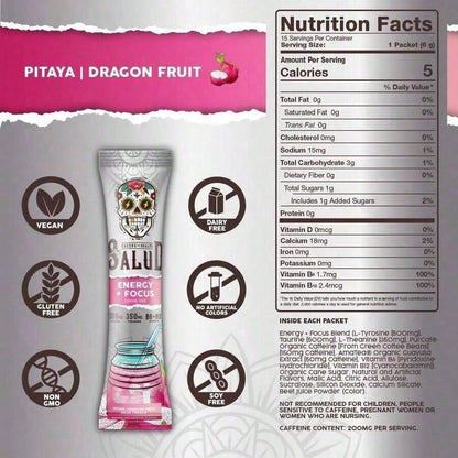 Health Energy & Focus Drink Mix – Dragon Fruit Agua Fresca Powder | Organic Caffeine, L-Theanine, L-Tyrosine, Taurine, Vitamins B6 & B12 | Low Sugar, Vegan – 15 Packets