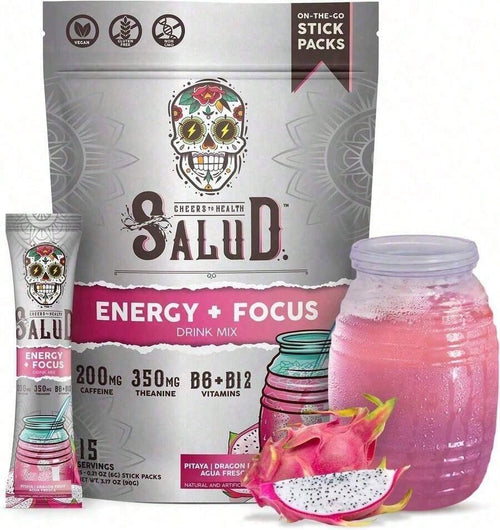 Health Energy & Focus Drink Mix – Dragon Fruit Agua Fresca Powder | Organic Caffeine, L-Theanine, L-Tyrosine, Taurine, Vitamins B6 & B12 | Low Sugar, Vegan – 15 Packets