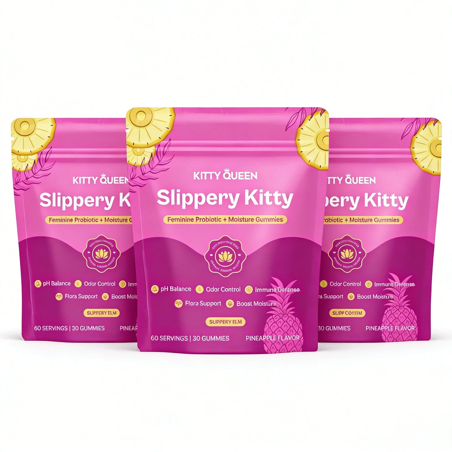 Kitty Queen Slippery Kitty Feminine Probiotic + Moisture Gummies | Pineapple Flavor | 30 Gummies (60 Servings) | With Slippery Elm | Supports PH Balance, Odor Control & Vaginal Moisture | Dietary Supplement