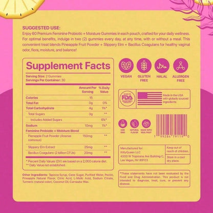 Kitty Queen Slippery Kitty Feminine Probiotic + Moisture Gummies | Pineapple Flavor | 30 Gummies (60 Servings) | With Slippery Elm | Supports PH Balance, Odor Control & Vaginal Moisture | Dietary Supplement