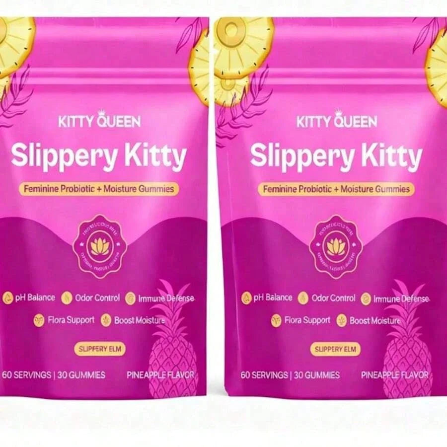 Kitty Queen Slippery Kitty Feminine Probiotic + Moisture Gummies | Pineapple Flavor | 30 Gummies (60 Servings) | With Slippery Elm | Supports PH Balance, Odor Control & Vaginal Moisture | Dietary Supplement