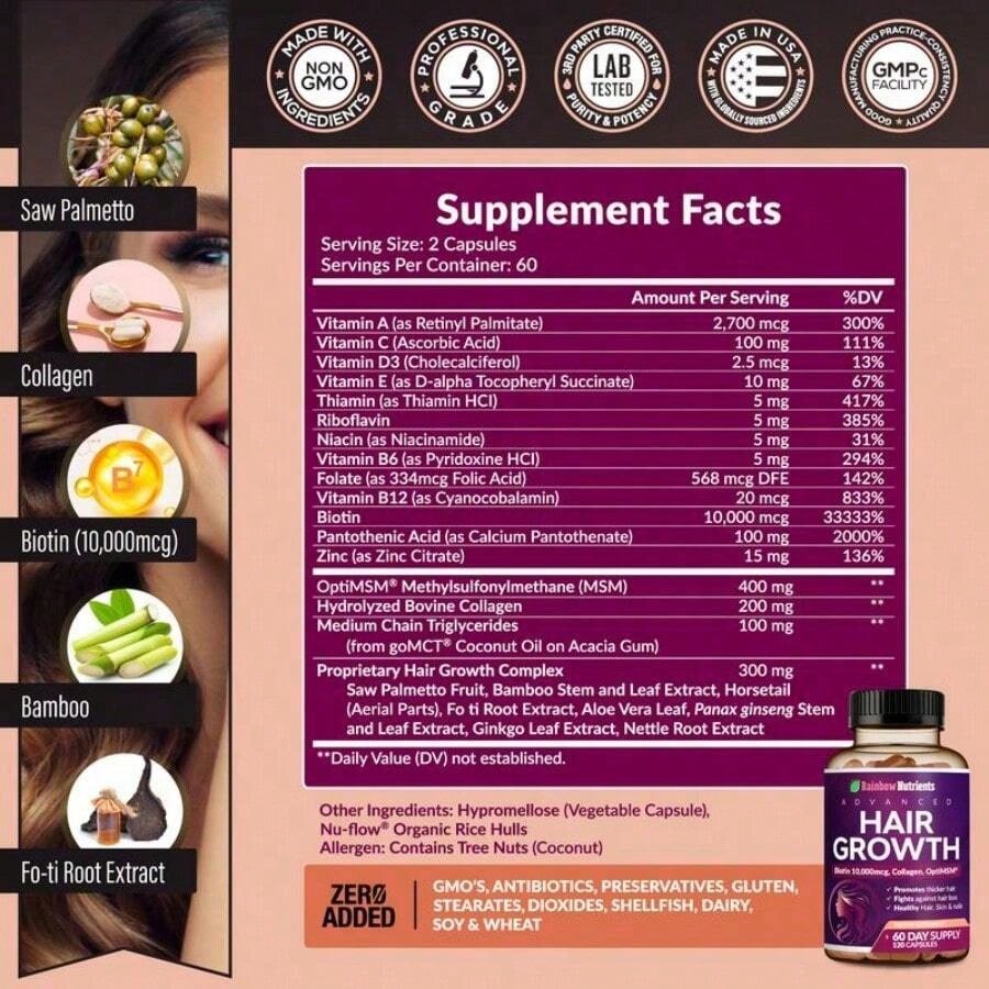 Rainbow Nutrients Advanced Hair Growth Supplement - Biotin 10,000mcg, Collagen, OptiMSM | 60-Day Supply (120 Capsules) - America's # 1 Hair Growth Product