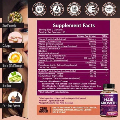 Rainbow Nutrients Advanced Hair Growth Supplement - Biotin 10,000mcg, Collagen, OptiMSM | 60-Day Supply (120 Capsules) - America's # 1 Hair Growth Product