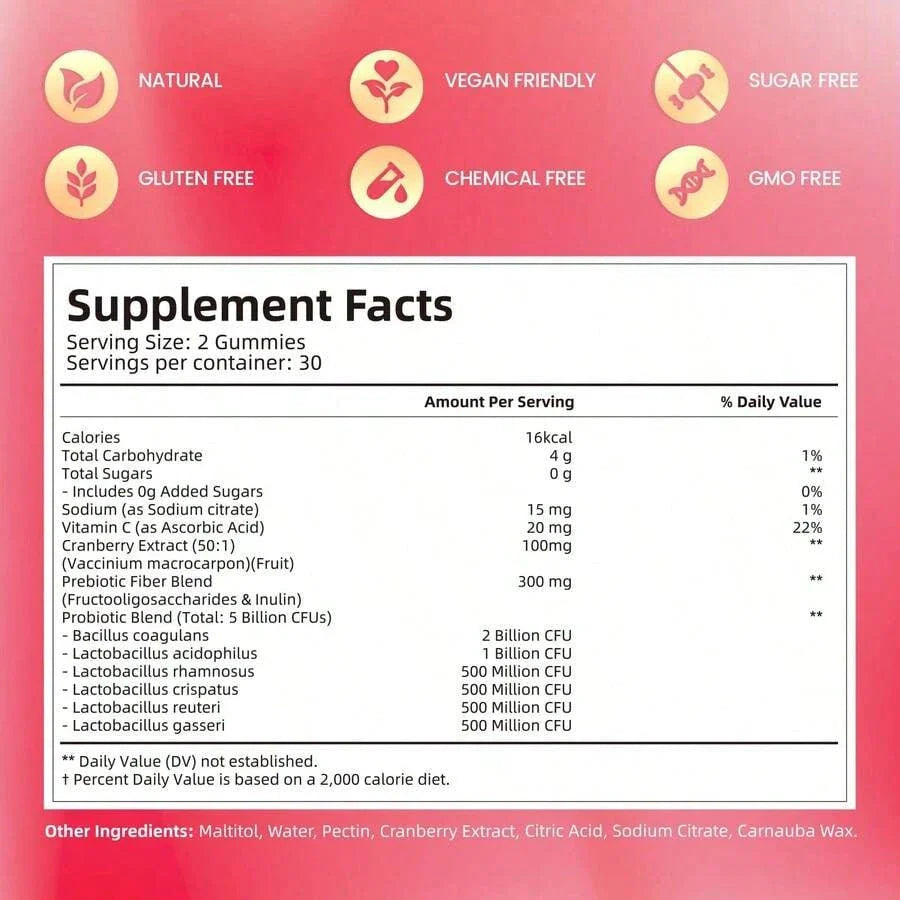 Vivonu Women's Probiotic Gummies | 5 Billion CFUs | 3-In-1 Formula (Probiotics + Prebiotics + Cranberry) | Cranberry Flavor | No Sugar, Non-GMO | 60 Gummies | Dietary Supplement